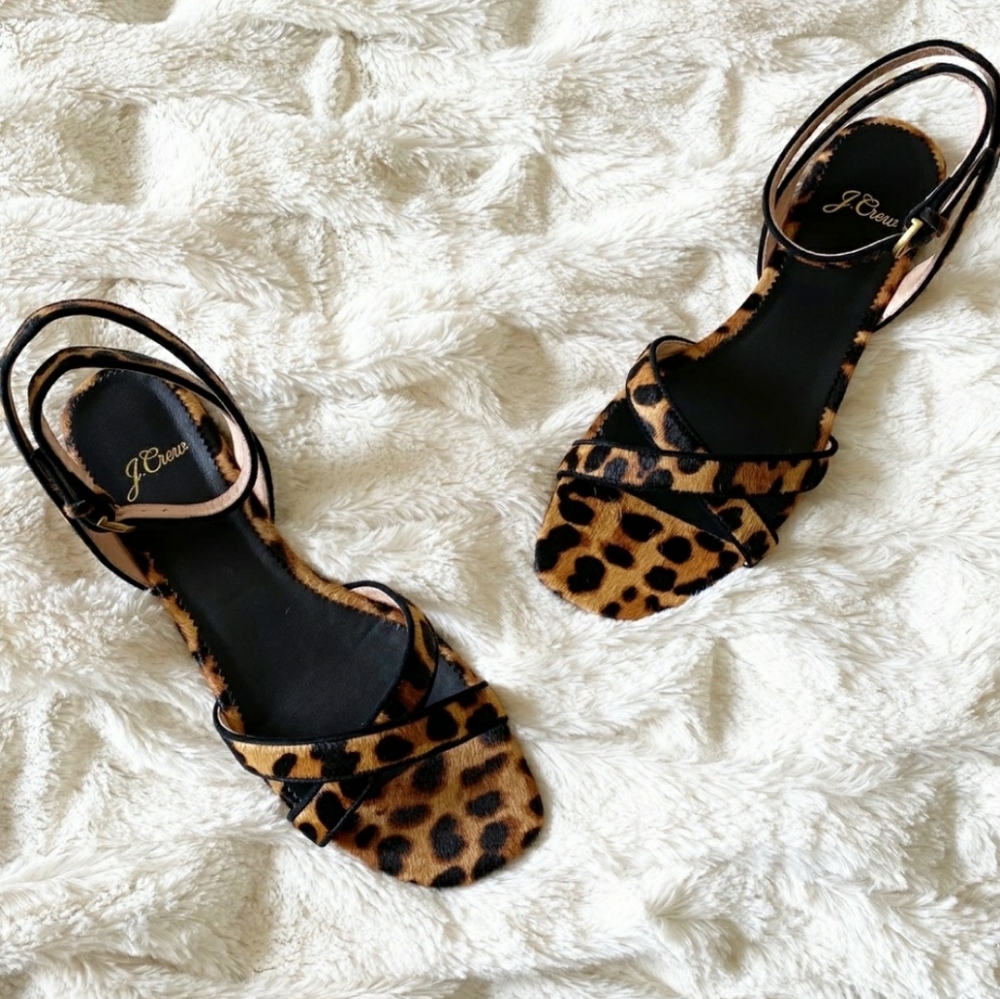 NEW! J. Crew cross-strap sandal in leopard calf hair Sz 8